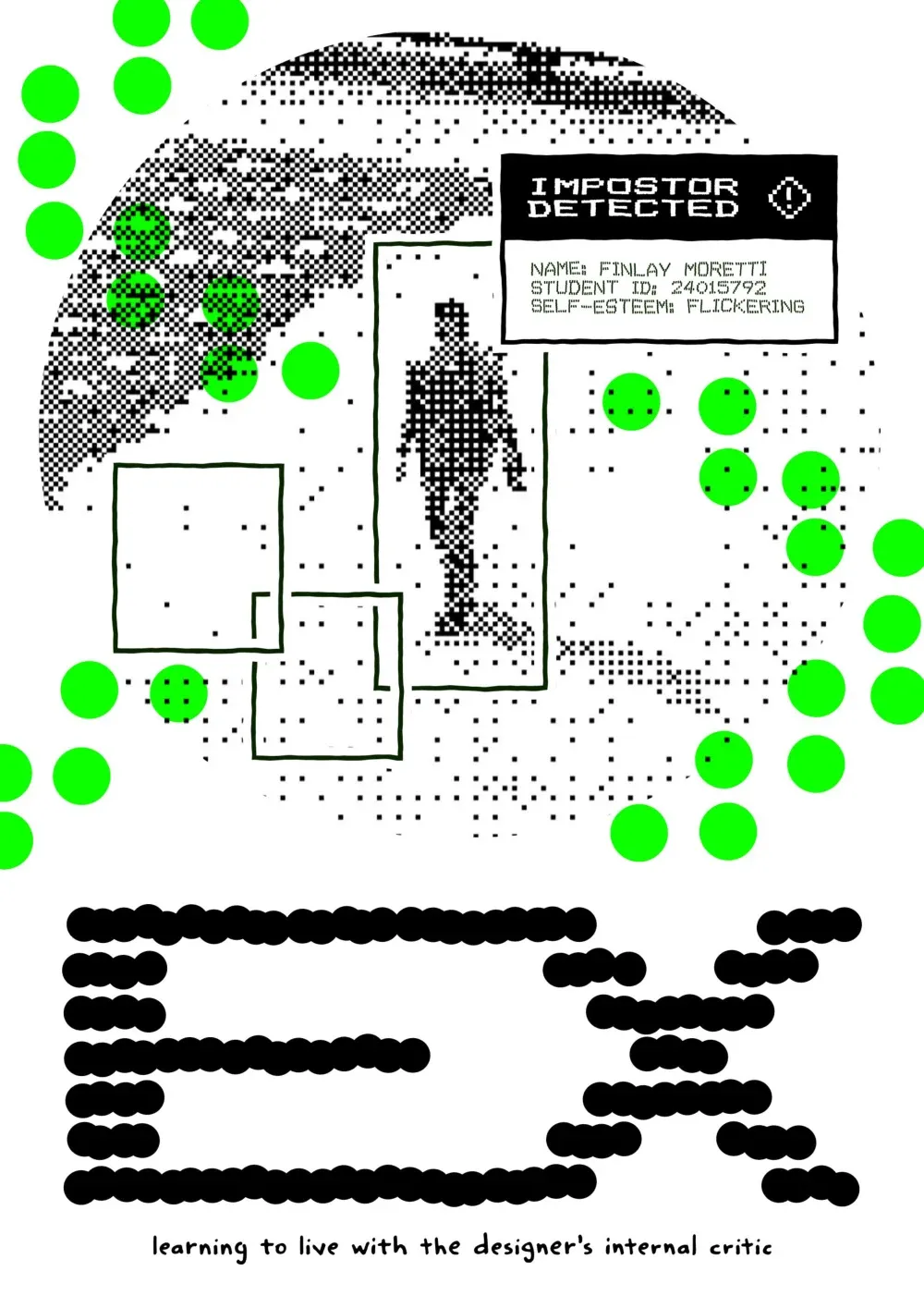 EX’s front cover, featuring a pixelated portrait, neon green dots and the subtitle learning to live with the designer’s internal critic.