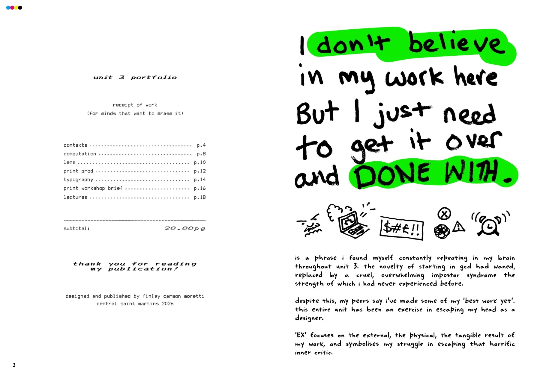 EX’s opening spread, with a receipt-style contents page and handwritten introduction about the designer’s internal critic.